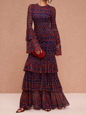 Multicolor Elegant Women's Boho Mesh Maxi Dress with Tiered Flared Sleeves